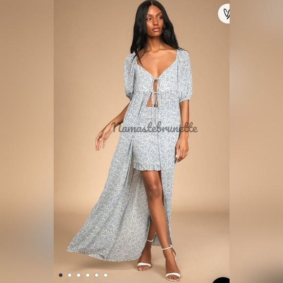 NWT Lulu's Blue Floral Puff Sleeve 2 Piece High Low Dress - Picture 2 of 12